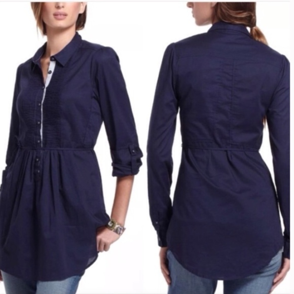Anthropologie HD In Paris Navy Pintuck Tie Waist Tunic Size 2